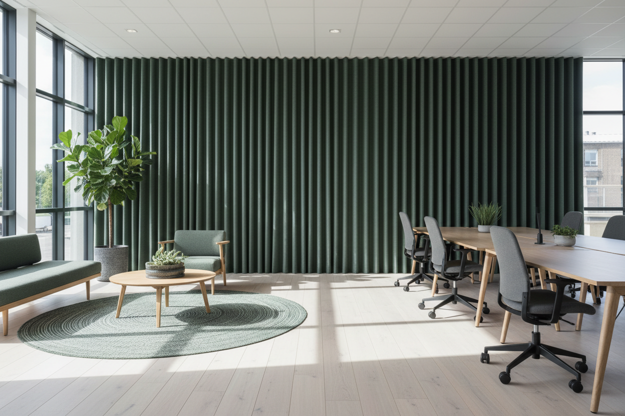 Dark sage green acoustic curtains in Danish workspace