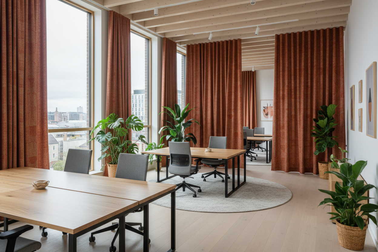 Dark terracotta acoustic curtains in Nordic office headquarters