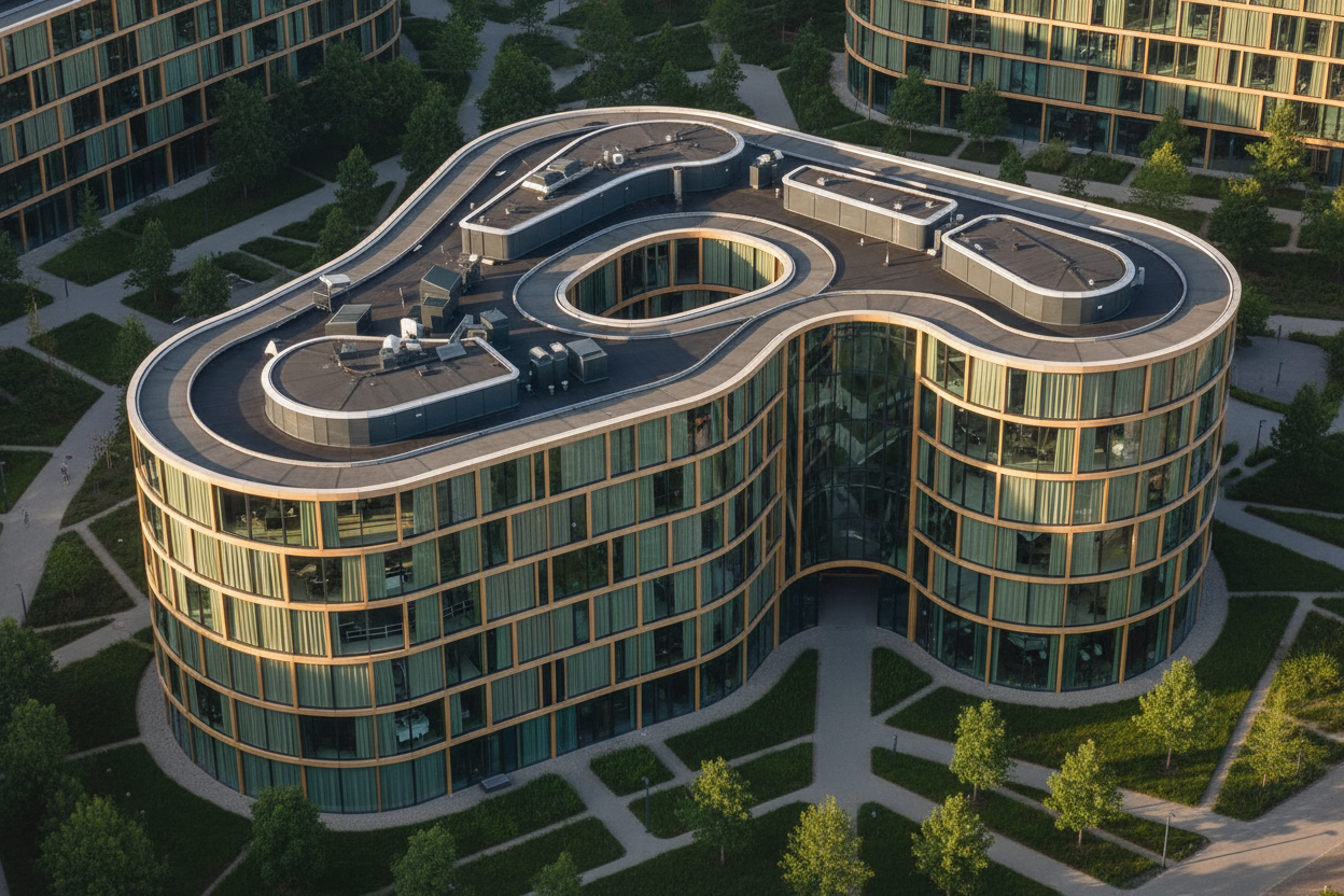 Fugle perspektiv af moderne bygning med gardiner