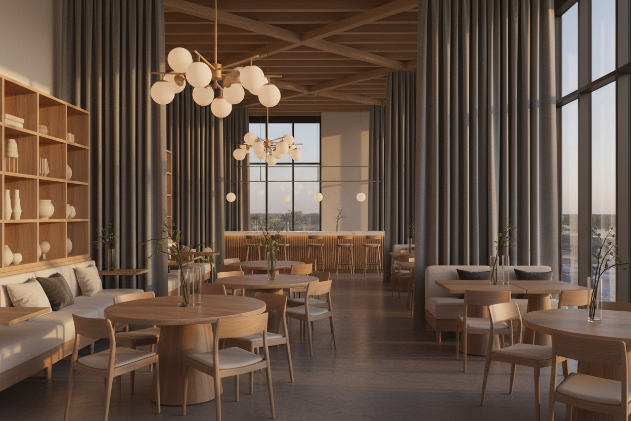 Restaurant med gardiner som rumdeler